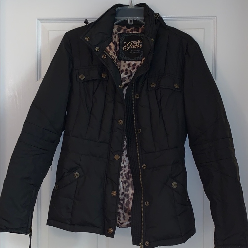 Guess Black winter jacket cheetah print interior